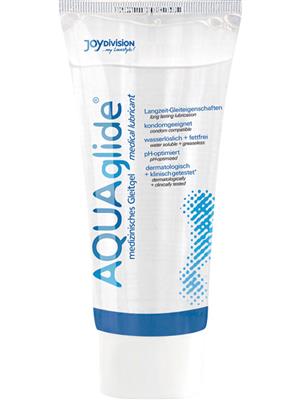 JoyDivision Aquaglide 50ml water-based lubricant in a clear bottle, designed for long-lasting moisture and body-safe comfort.