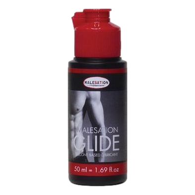 50ml Malesation Silicone Lubricant in a sleek black bottle with red logo, standing upright on a neutral background.