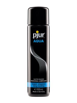 Pjur Aqua 100ml water-based lubricant in a sleek black bottle with blue and white label.