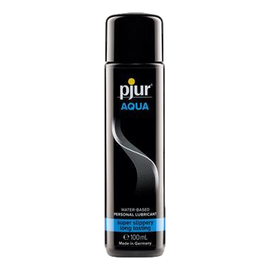 Pjur Aqua 100ml water-based lubricant in a sleek black bottle with blue and white label.