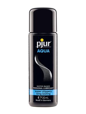Pjur Aqua 30ml water-based lubricant in a sleek black bottle with blue and white label.