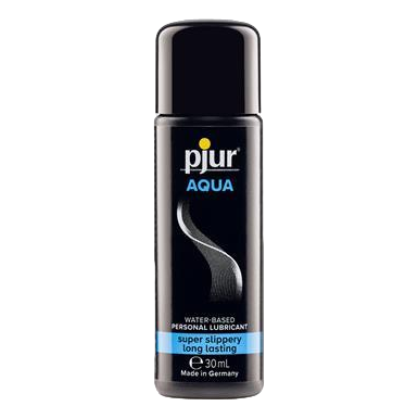 Pjur Aqua 30ml water-based lubricant in a sleek black bottle with blue and white label.