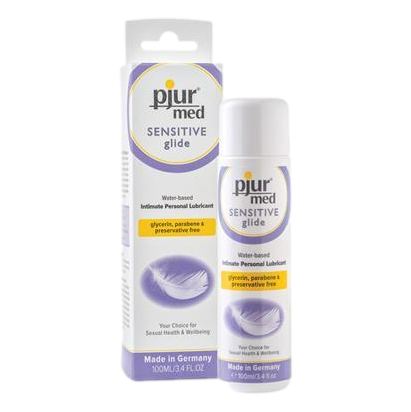 Pjur Med Sensitive Glide 100ml water-based lubricant bottle, dermatologically tested and preservative-free for sensitive skin.