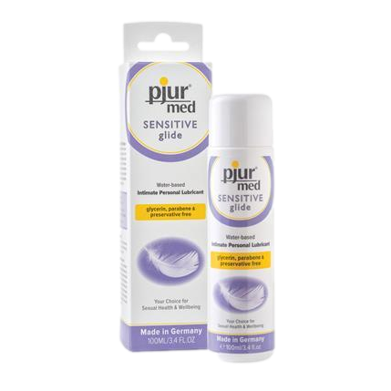 Pjur Med Sensitive Glide 100ml water-based lubricant bottle, dermatologically tested and preservative-free for sensitive skin.