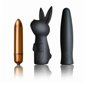 Rocks-Off Dark Desires Silhouette Kit with bunny ears vibrator and accessories in black