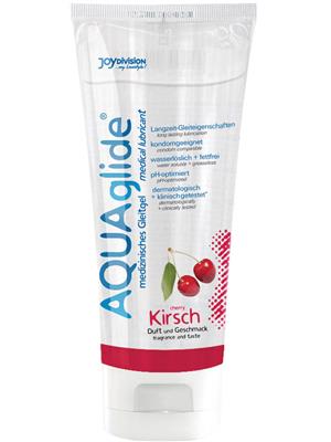 Aquaglide Cherry water-based lubricant by JoyDivision featuring fruity design and flip-top cap
