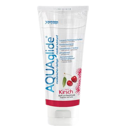 JoyDivision Aquaglide Cherry lubricant in a clear tube with red accents and cherry-themed label