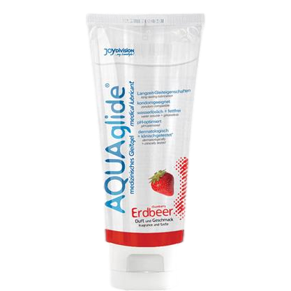 JoyDivision Aquaglide Strawberry lubricant in clear tube with red accents and strawberry imagery