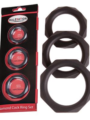 Set of three Malesation Diamond Cock Rings designed for a snug, comfortable fit and enhanced performance