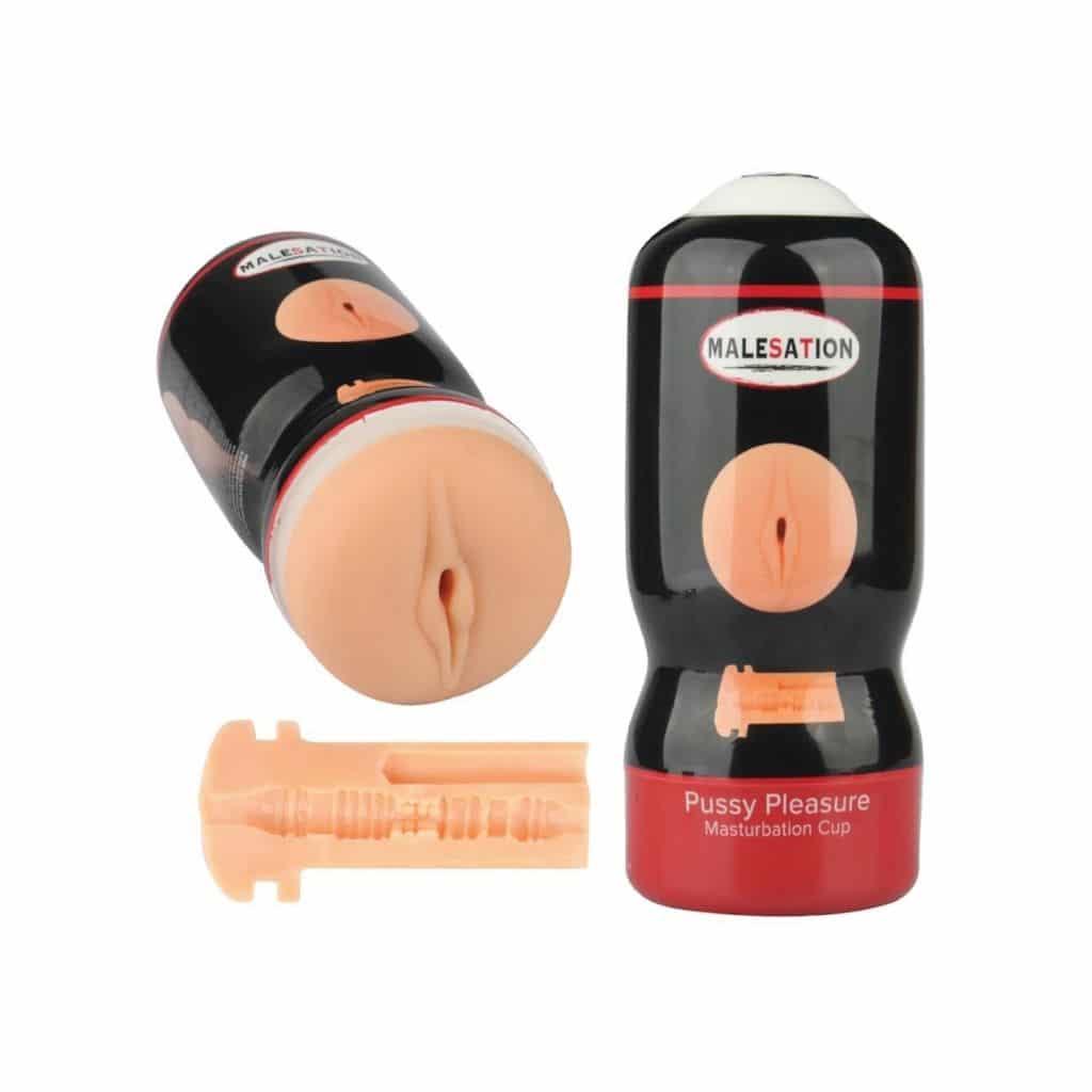 Malesation Pleasure Masturbation Cup – handheld flesh-coloured male toy with internal textured tunnel and bullet-compatible design.