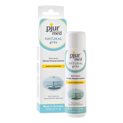 Pjur Med Natural Glide personal lubricant in white bottle with green label, designed for gentle, natural moisture