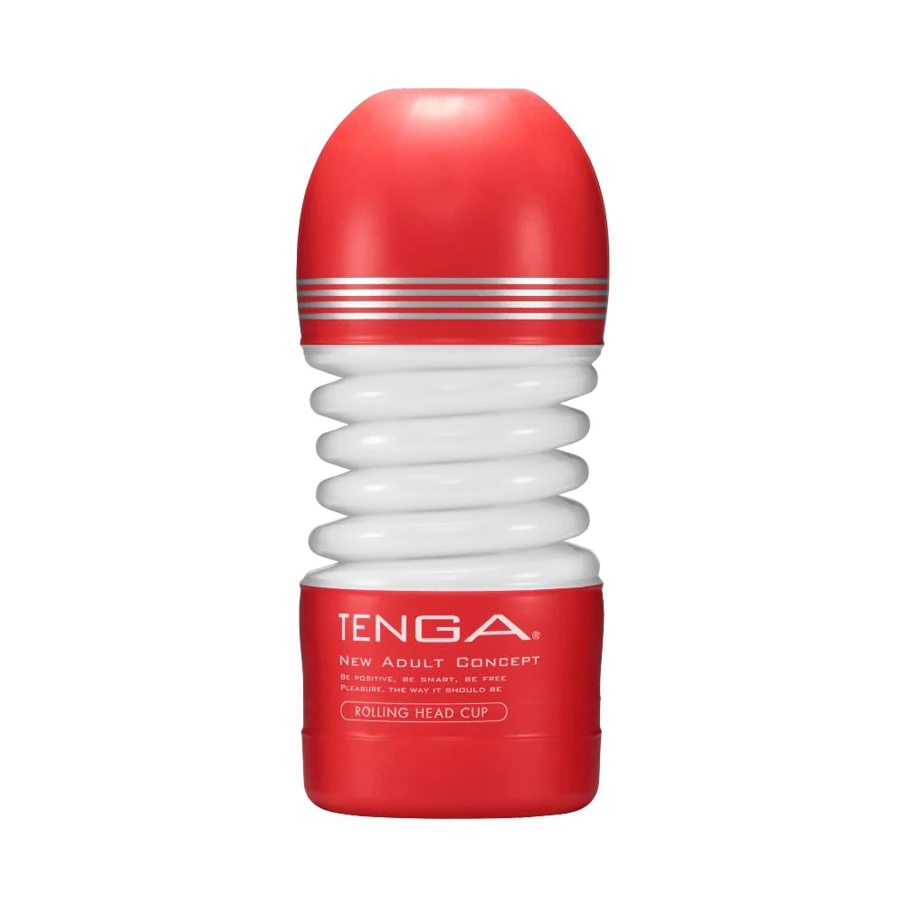 Tenga Rolling Head Cup masturbator with red and white design, featuring flexible head for added motion