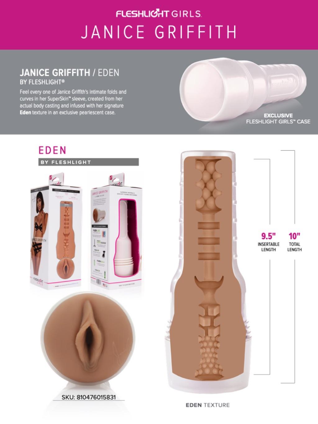Janice Griffith Eden Fleshlight featuring signature textured sleeve and lifelike vaginal entry