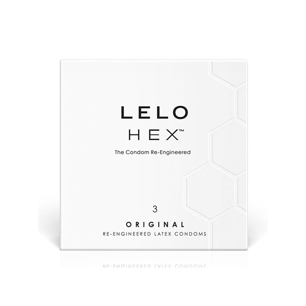 LELO HEX 3 Pack Condoms in sleek white and gold packaging, featuring premium latex design